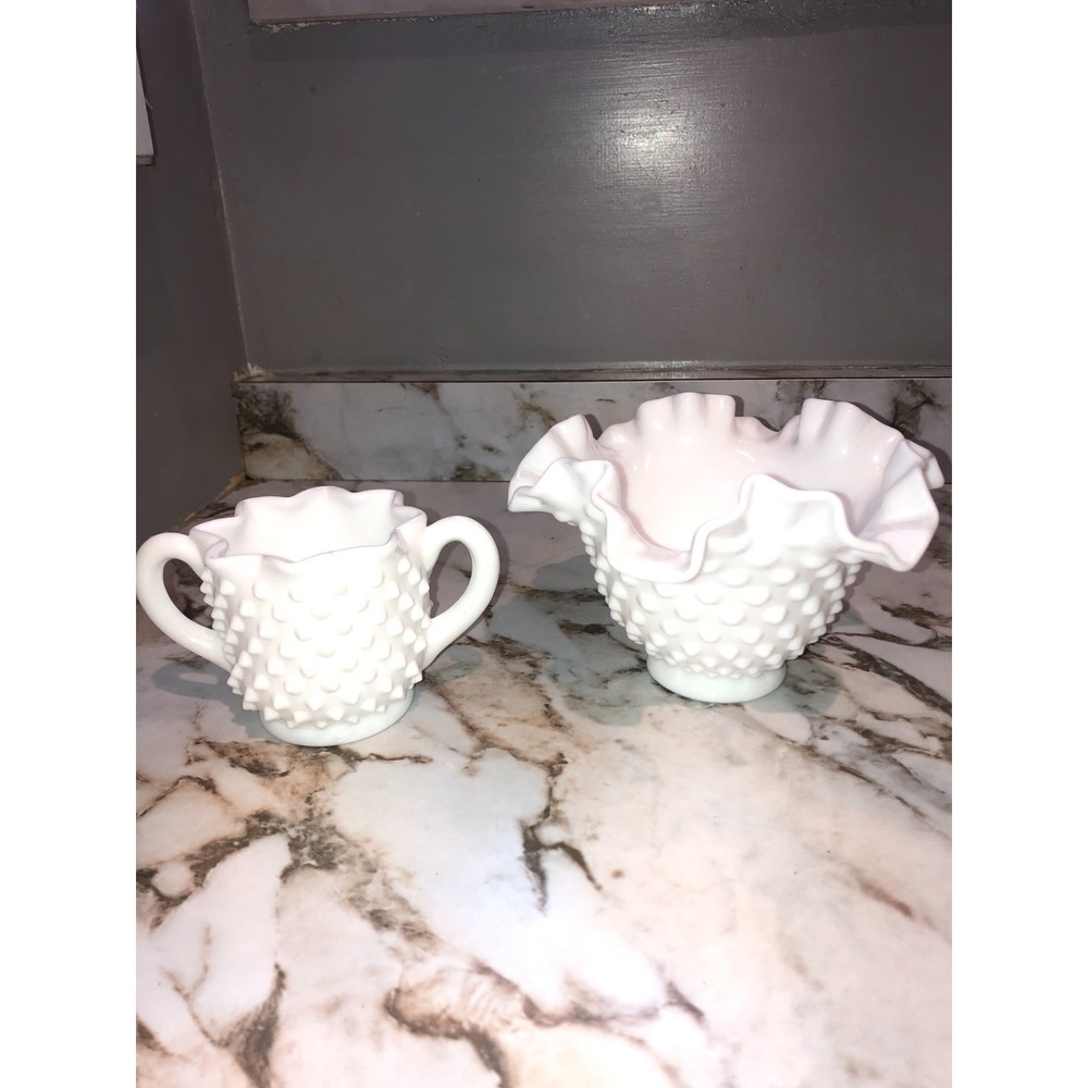 Milk Glass Vintage Set of 2 Fenton Hobnail Ruffled Edge ,Sugar Bowl & 6.5" Bowl